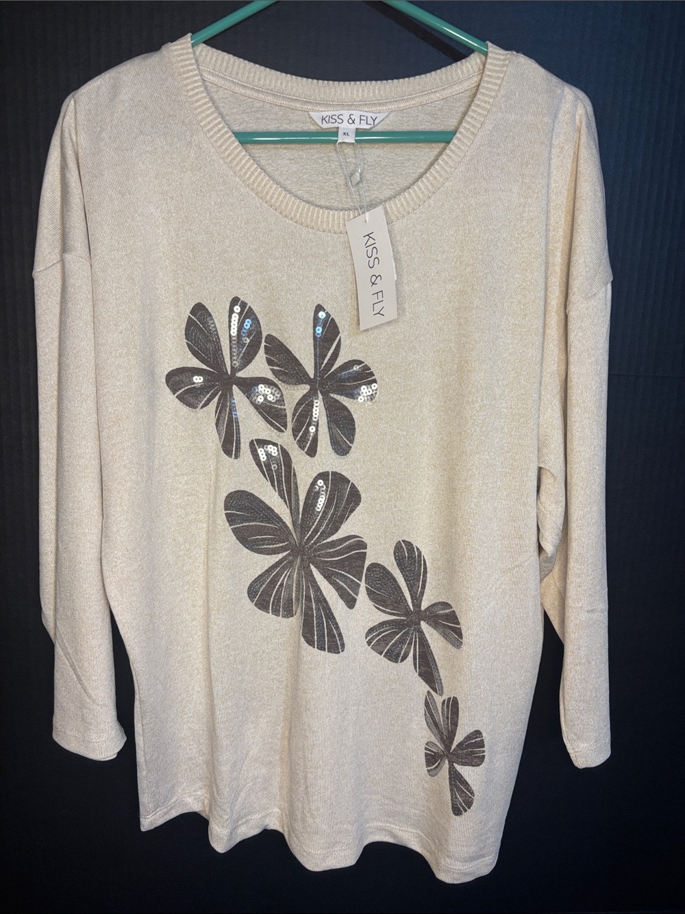 Cream Floral Sequin Knit Sweater NWT Size XL